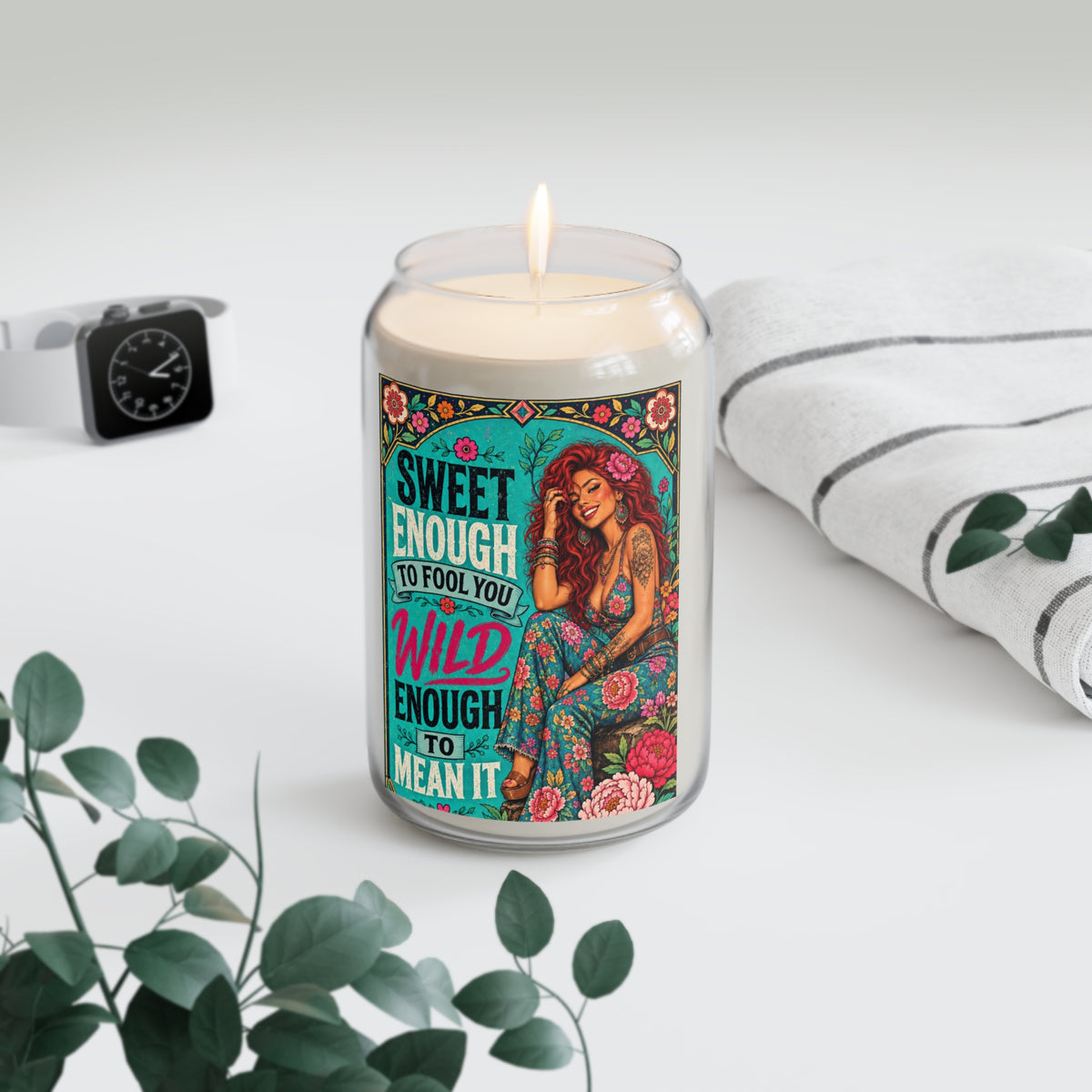 Soy Candle —teal “Sweet Enough to Fool You, Wild Enough to Mean It” Floral Boho Scented Candle (13.75 oz)
